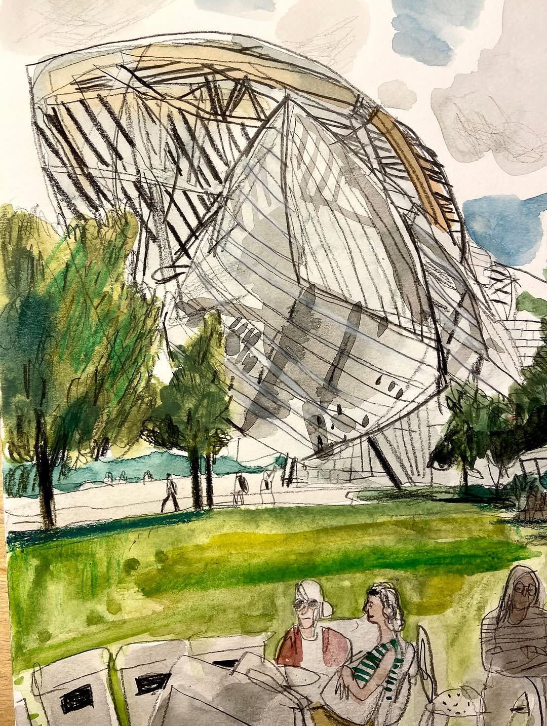 Drawn reportage of Fondation Louis Vuitton with figures in the foreground by Swasky