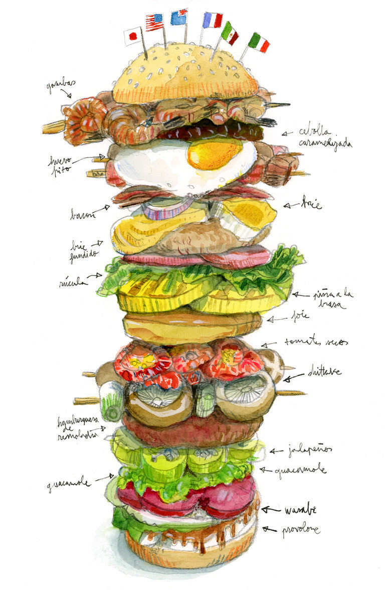 Tall illustrated hamburger assembled from ingredients and handwritten notes by Swasky