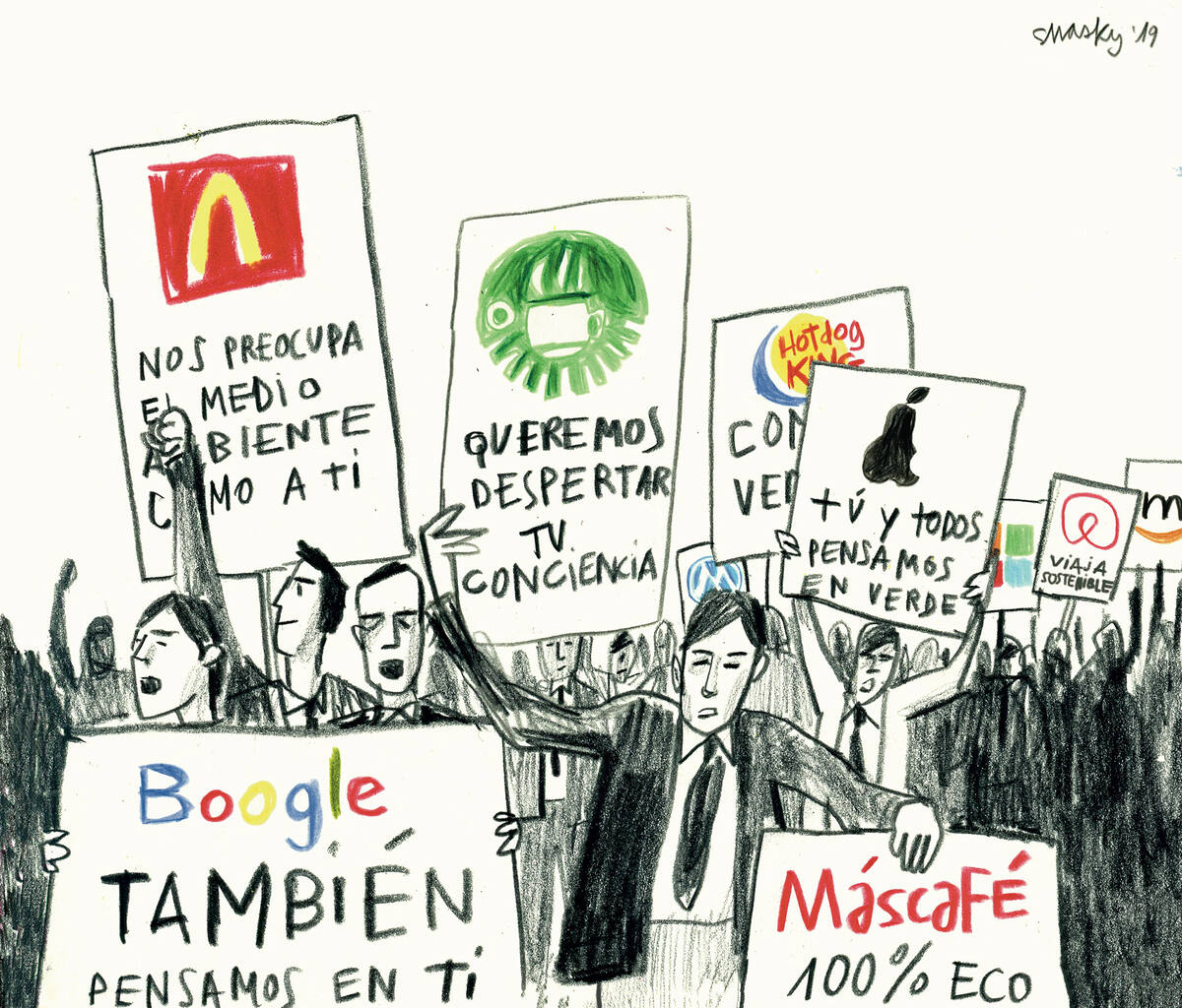 Editorial illustration of protesters holding brand-related signs by Swasky