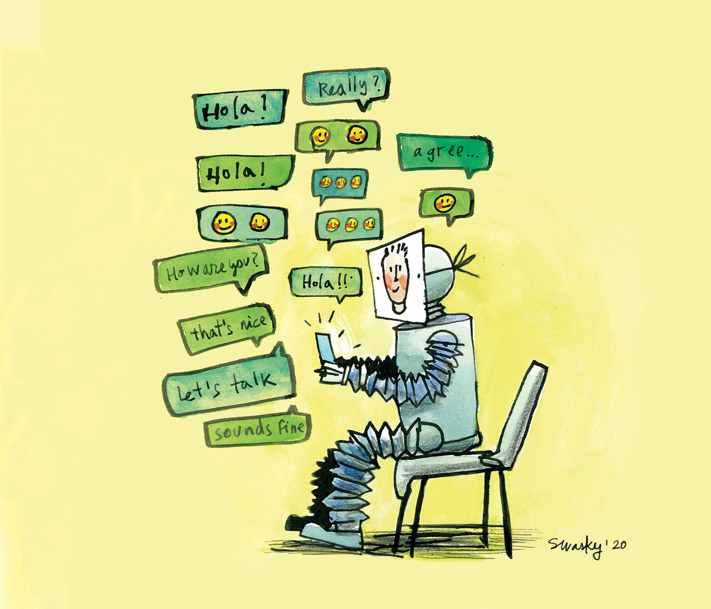 Editorial illustration visualising chatbots and automated communication by Swasky