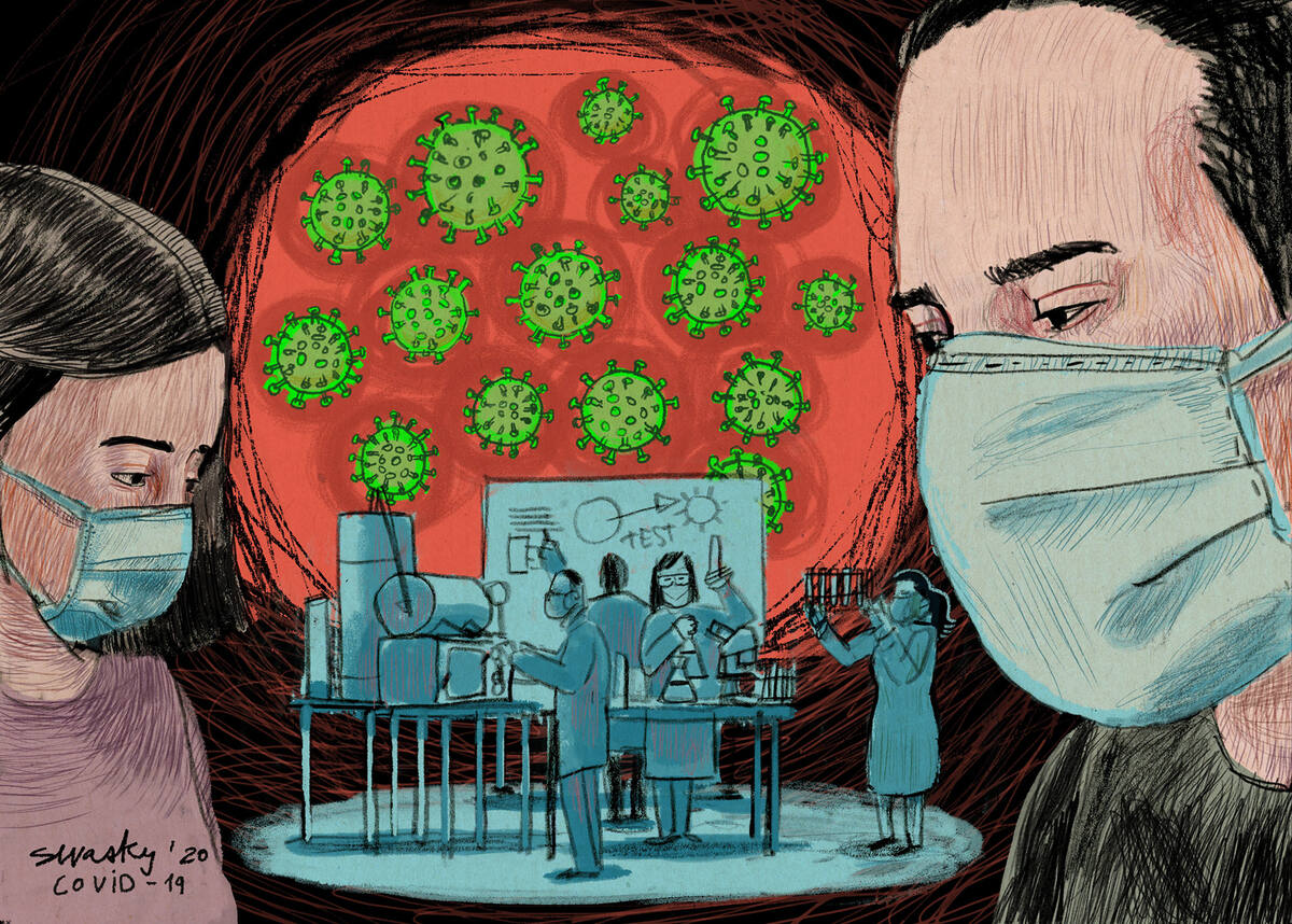 Editorial illustration about pharmaceutical companies under public scrutiny during COVID-19 by Swasky