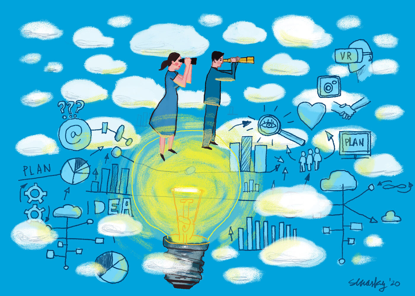 Colourful editorial illustration about the future of marketing by Swasky