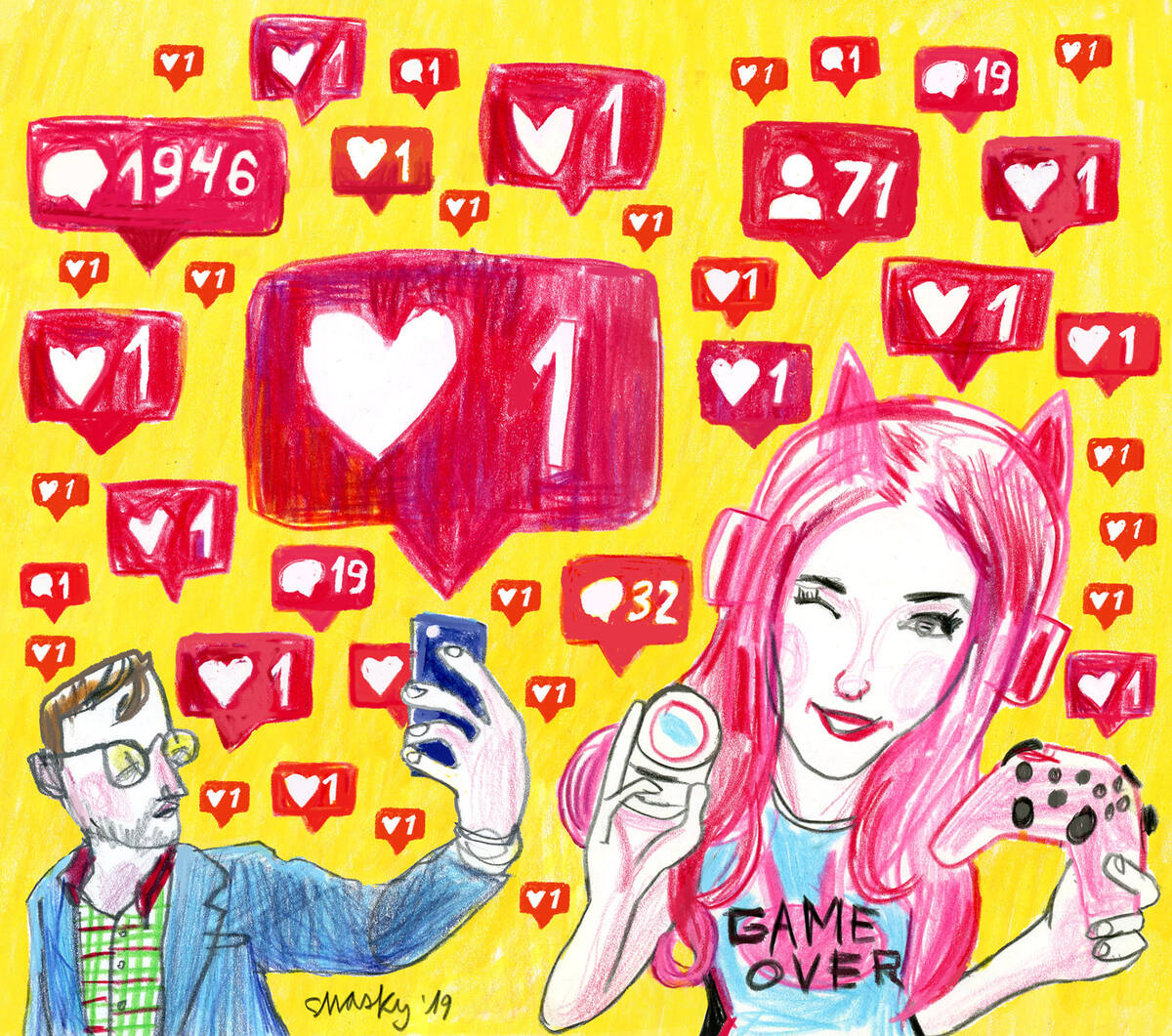 Editorial illustration about influencers and social media by Swasky