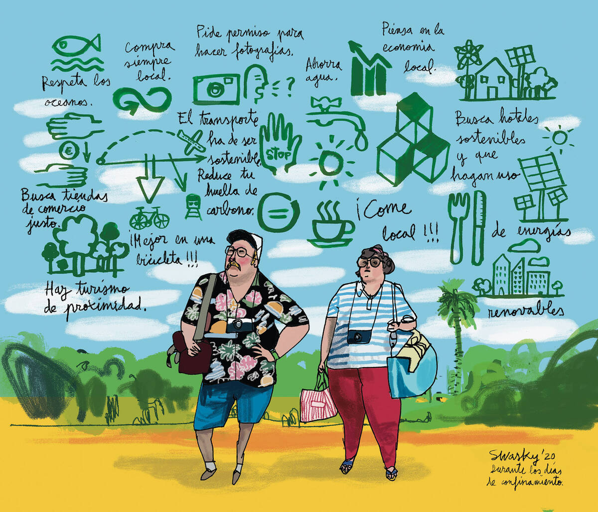 Editorial illustration about sustainable tourism by Swasky