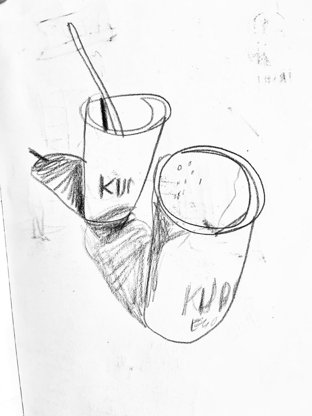Black pencil sketch of coffee cups at Kuro Kuma by Swasky