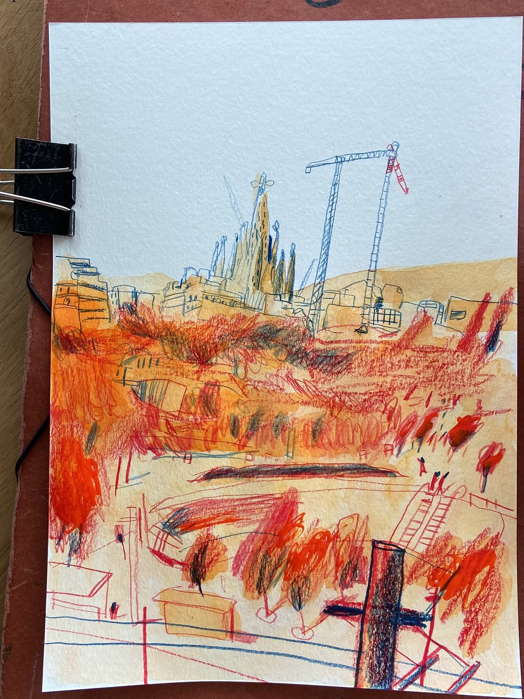 Colour-pencil drawing of the Sagrada Família and surrounding cityscape by Swasky