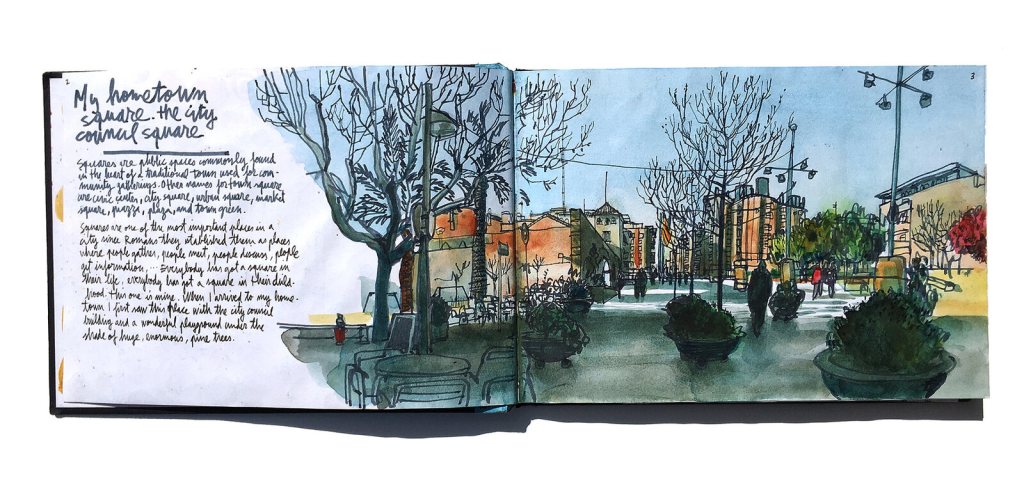 Panoramic sketchbook spread of Swasky’s hometown square, drawn in ink and watercolour