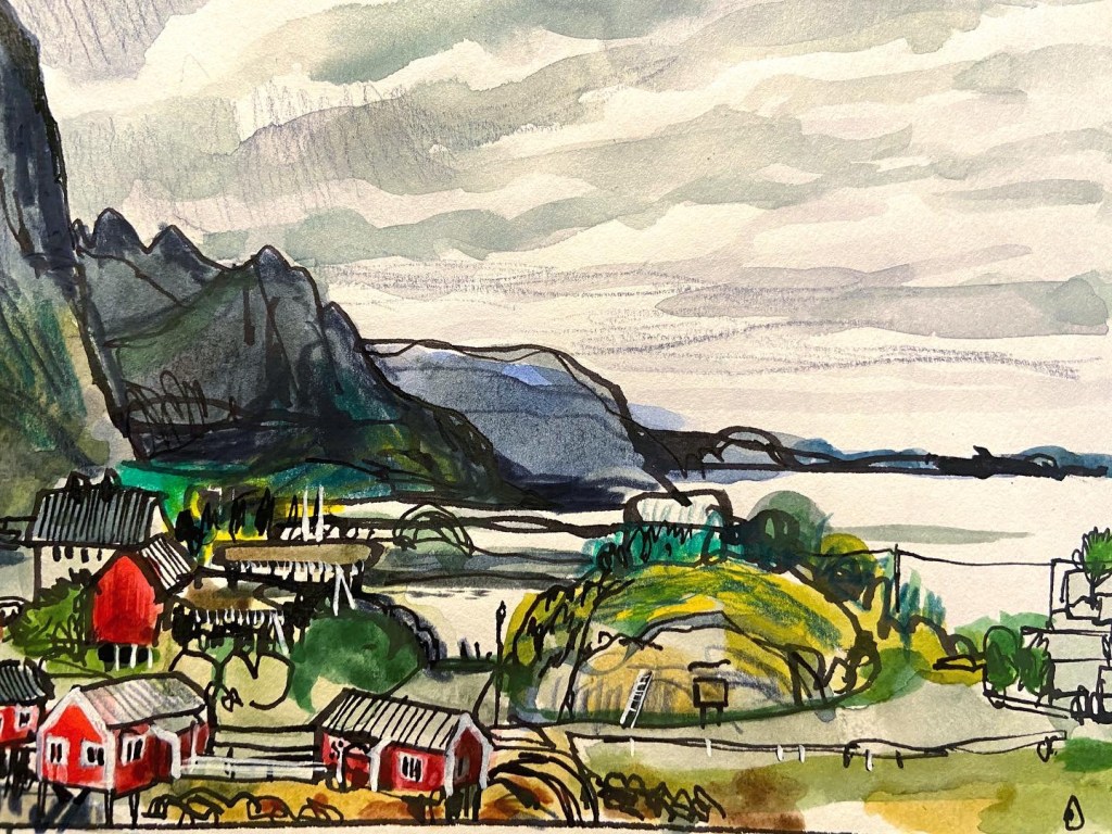 Mixed-media landscape drawing with red houses and dark mountains from #streetviewjam by Swasky