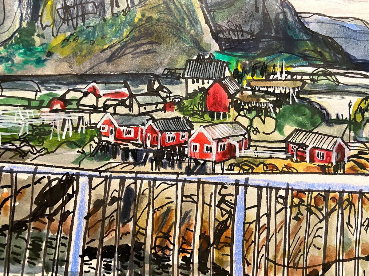 Detail of red houses and mountains in a mixed-media Norway landscape by Swasky