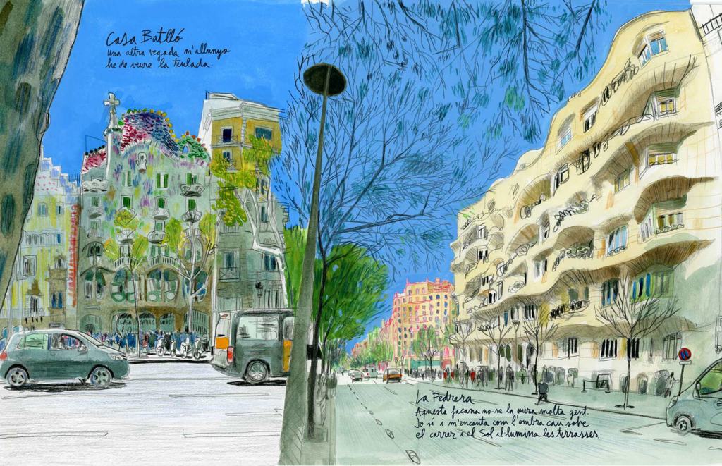 Sketchbook panorama of Casa Batlló and La Pedrera in Barcelona by Swasky