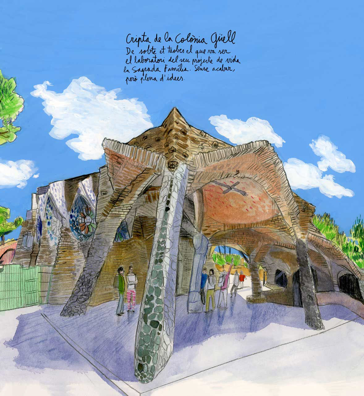 Ink and colour drawing of the crypt at Colònia Güell under a blue sky by Swasky