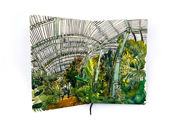 Gouache sketchbook spread of plants inside a greenhouse by Swasky
