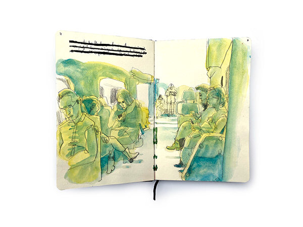 Green gouache sketchbook spread of passengers inside public transport by Swasky